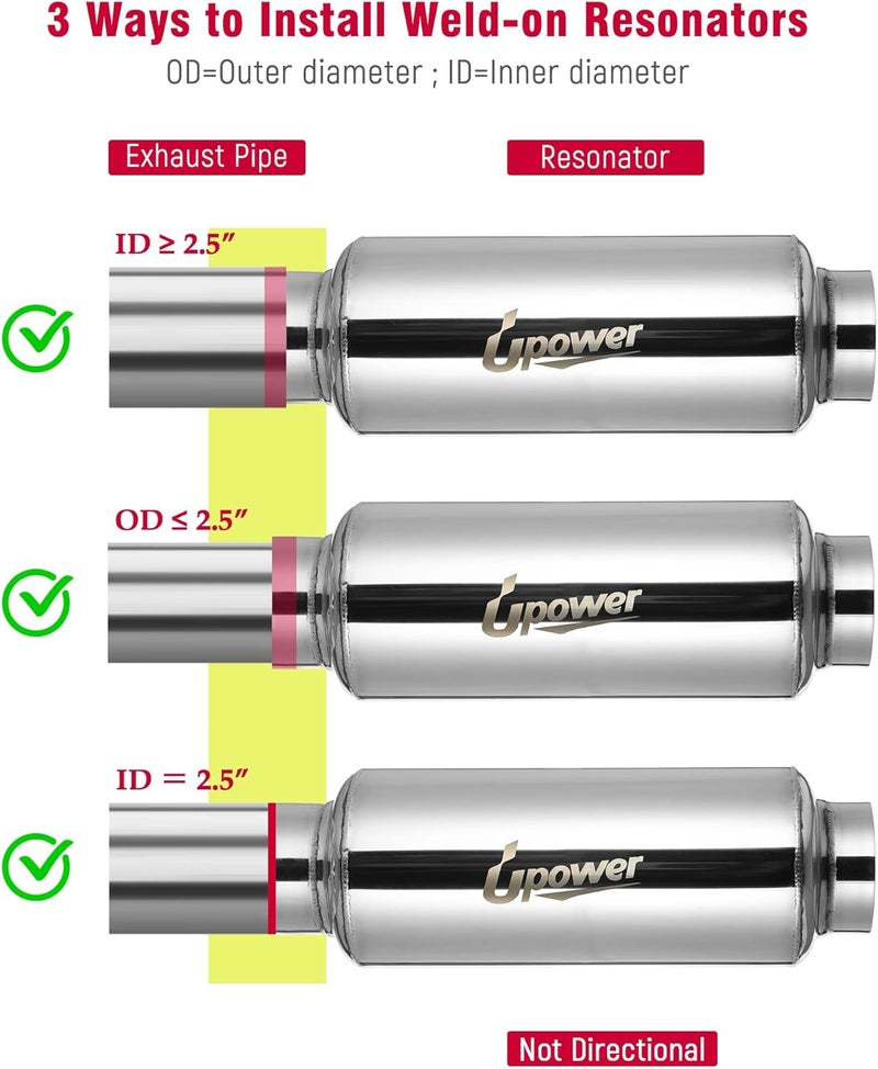 U-Power 2.5" Inlet&Outlet Exhaust Resonator,4" x8.5" Body 11.5" Overall Length Center Straight Through Stainless Steel Muffler,Polished - Image 3